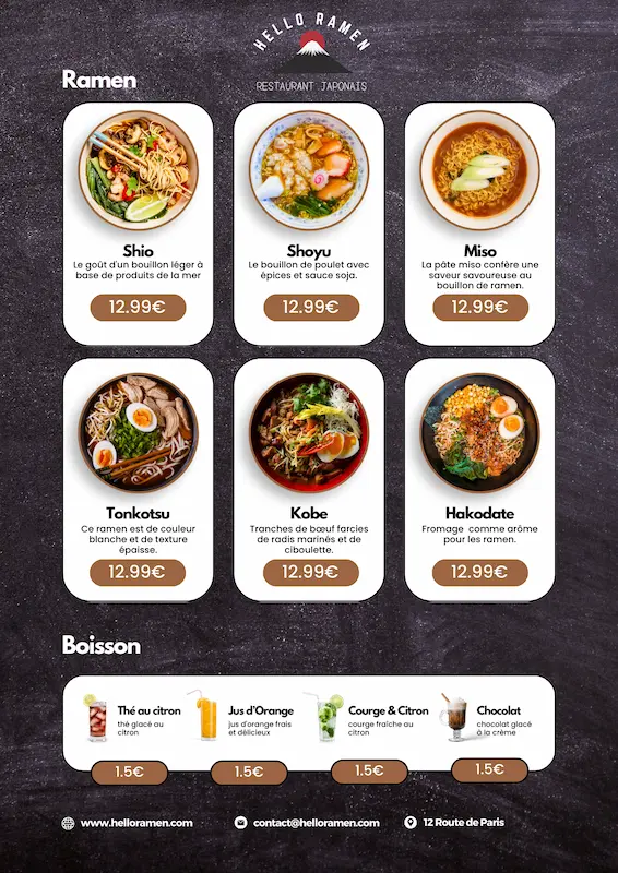 Menu restaurant jap